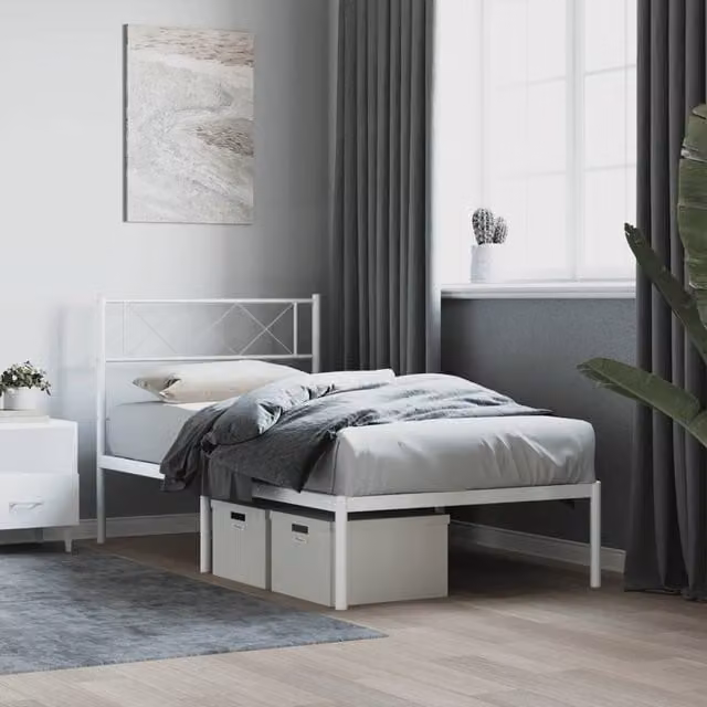 Berkfield Home Metal Bed Frame with Headboard in White, W/D/H: 80 x 200 cm