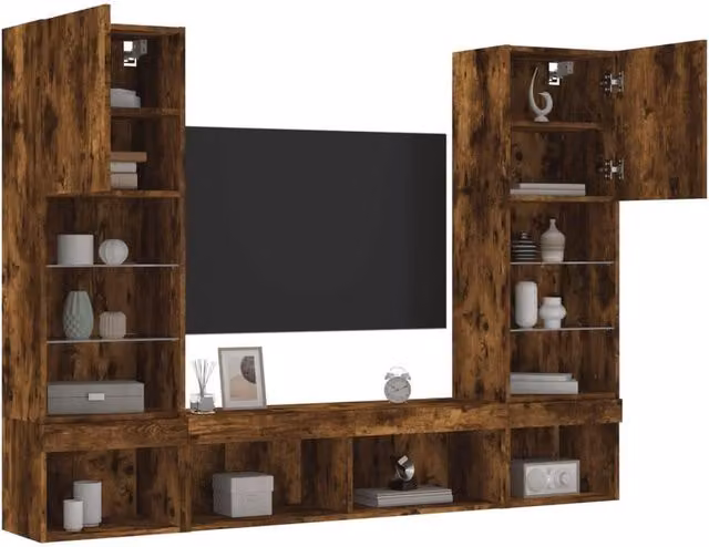 Berkfield Home 5 Piece Modern TV Wall Unit Set with Integrated LED Lighting in Smoked Oak Brown