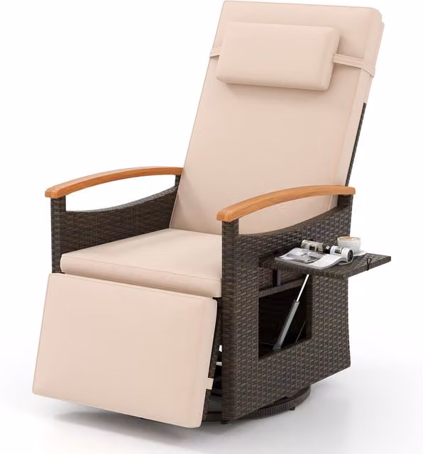 COSTWAY Brown and Beige Swivel Reclining Patio Chair with Acacia Wood and Rattan Design
