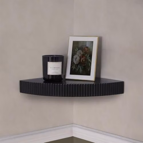 OHS Modern Ribbed Wooden Corner Shelf, Wall Mounted Storage Organizer in Black
