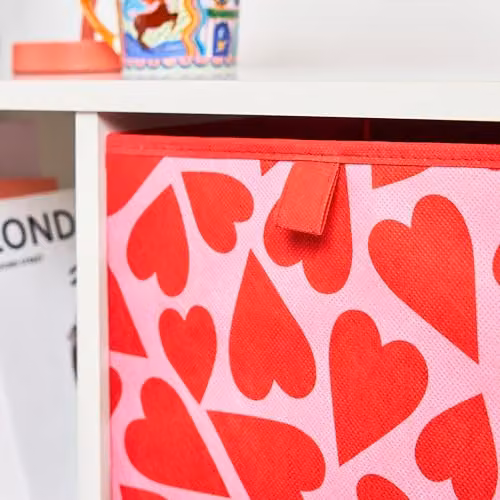 OHS Set of 2 Pink Heart Print Fabric Storage Boxes, Foldable Cube Organisers with Handles, W/D/H: 27.0 x 27.0 x 27.0 cm – 3