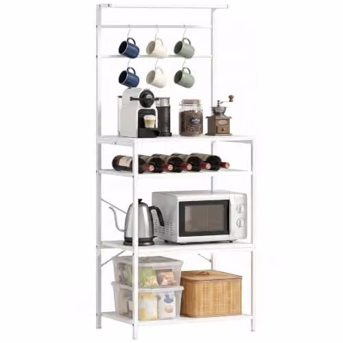 HOMCOM Industrial Freestanding 5-Tier Storage Shelf with Wine Rack and 6 Hooks, White, W/D/H: 59 x 40 x 143.5 cm – 1
