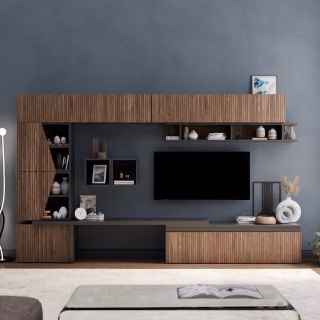Decorotika London Modern Wall Mounted Entertainment Center in Black and Brown with Geometric Alina Pattern