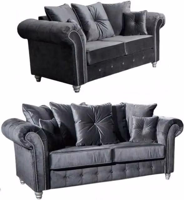 Snugg Furniture UK Limited Raven Plush 3 and 2 Seater Grey Velvet Sofa Set with Button Arms and Scatter Cushions – 1