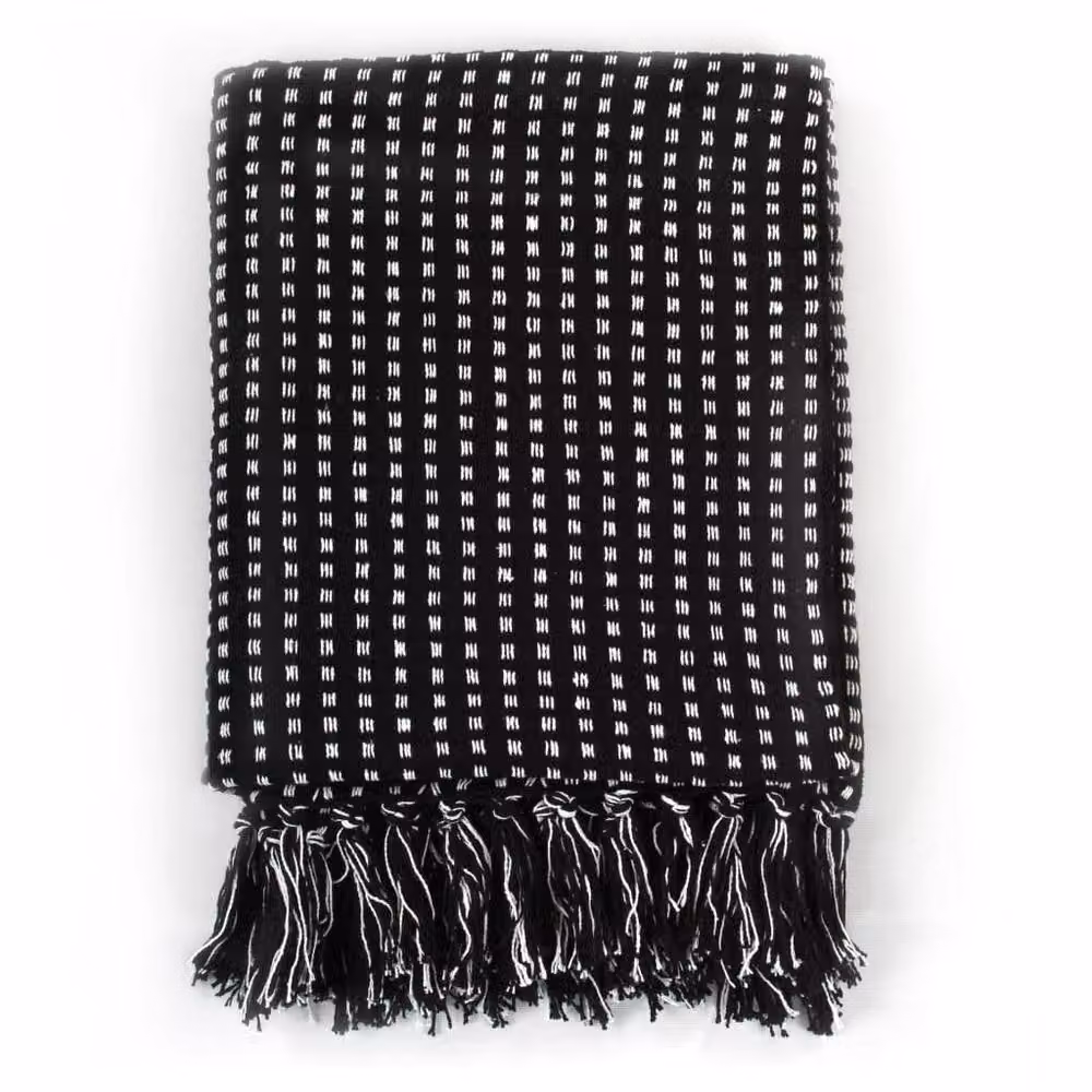 Berkfield Home Cotton Throw Squares in Black, W: 125 cm, D: 150 cm – 3
