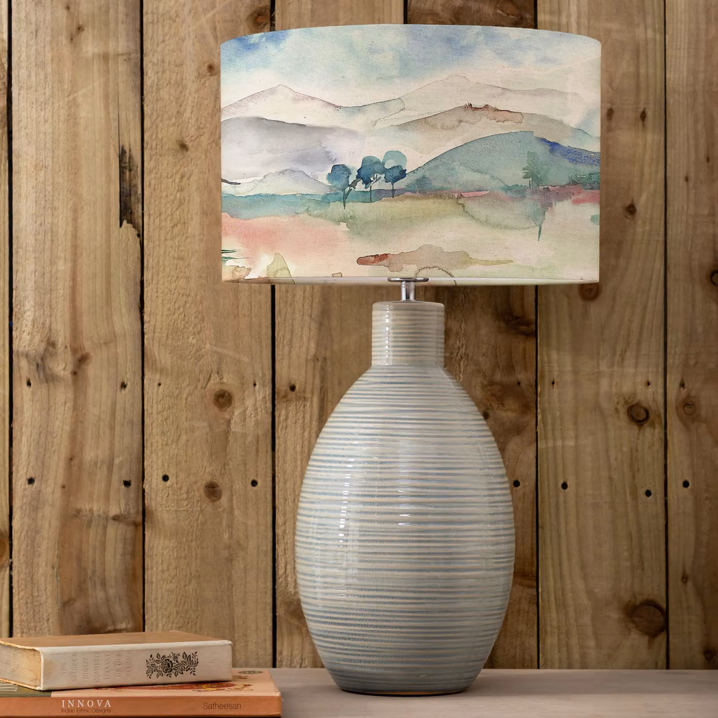 Voyage Maison Epona Ceramic Table Lamp with Russet Shores Plain Eva Fabric Cylinder Lampshade in Blue – 2