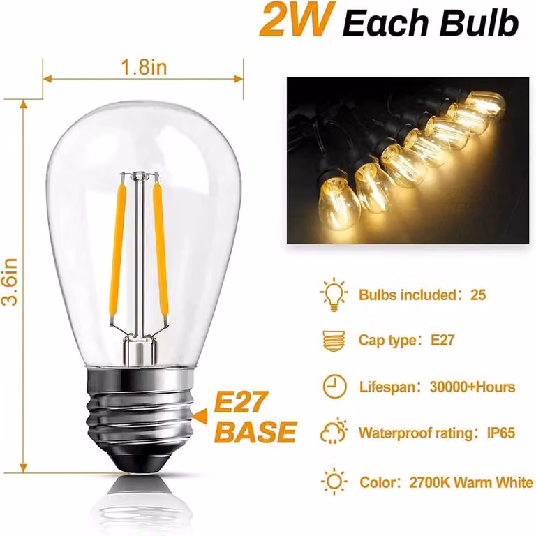 VOGREX 6-Pack LED Filament Bulbs, 2W Warm White 2700K, E27 Transparent Glass