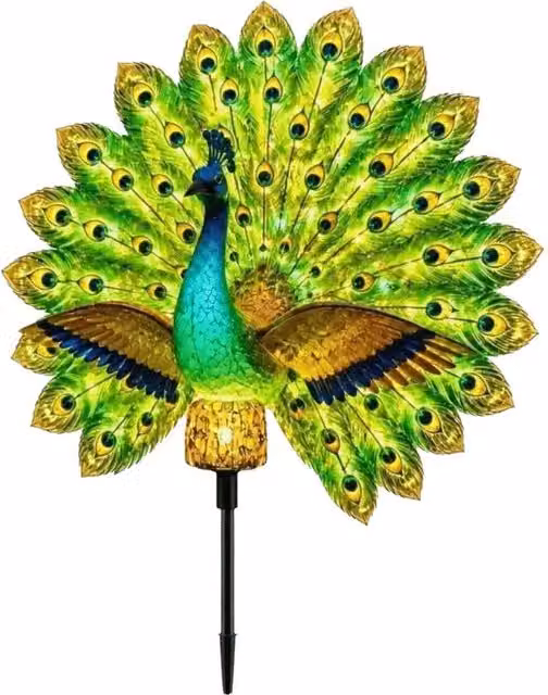 SPETLEK Green Resin Peacock Solar Powered LED Garden Stake Light – 1
