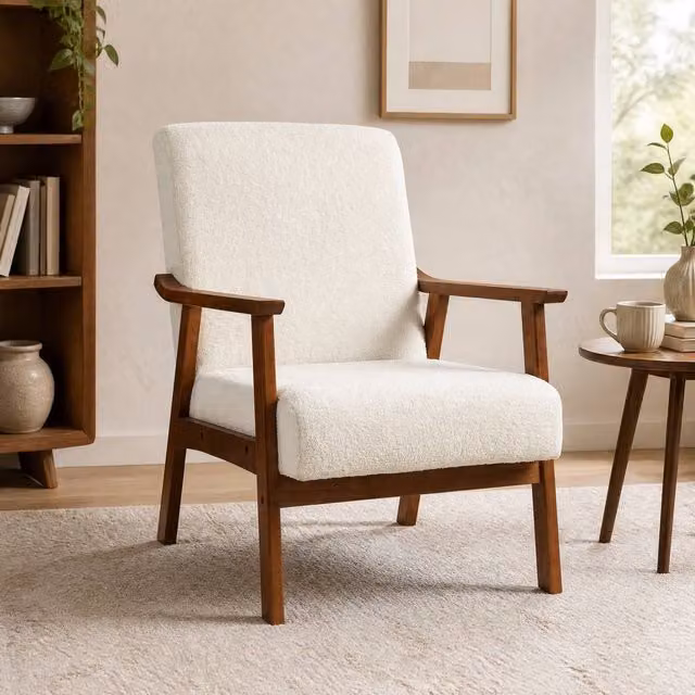 STILVORA Mid-Century Accent Chair with White Boucle Fabric and Solid Rubberwood Frame
