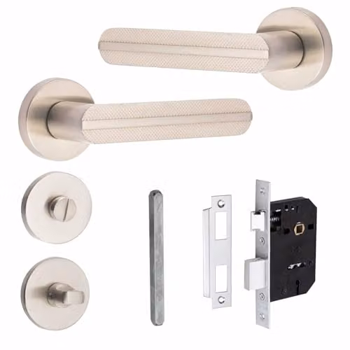 Golden Grace Lima Knurled Bathroom Door Handle Set in Satin Nickel Silver