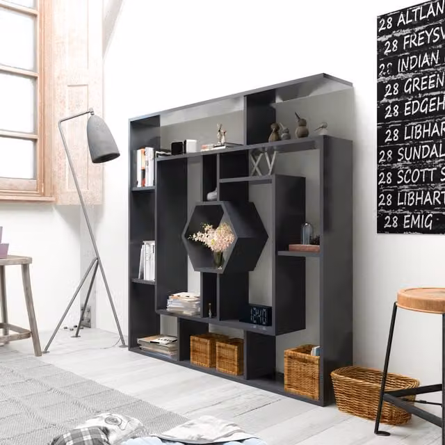 Labrina Modern Geometric Black Wood Bookshelf, W/D/H: 31.8 x 23.0 x 134.0 cm