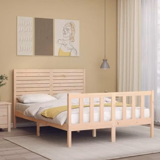 Berkfield Home Beautiful Bed Frame with Headboard in Beige Solid Pine Wood, W/D/H: 140 x 190 cm