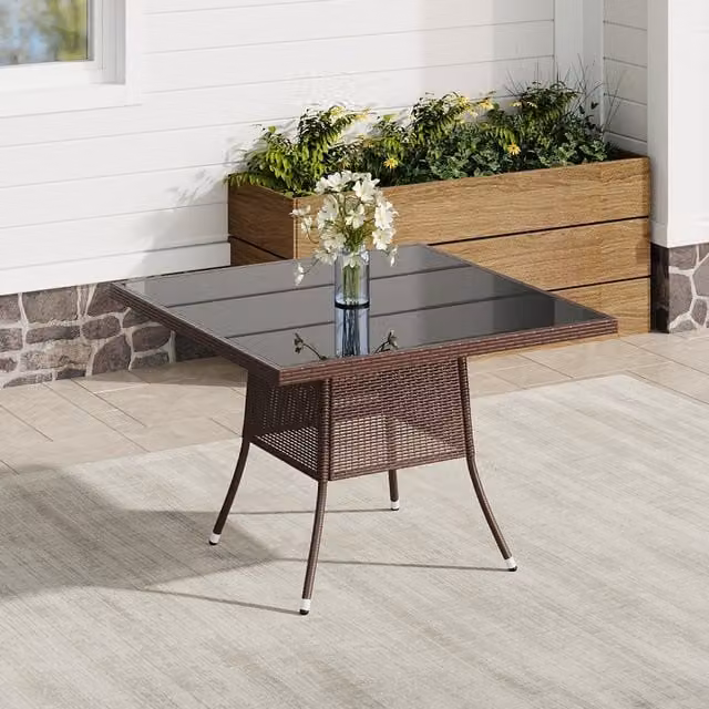 Komore Brown Rustic Wicker Garden Table with Square Tempered Glass and Parasol Hole