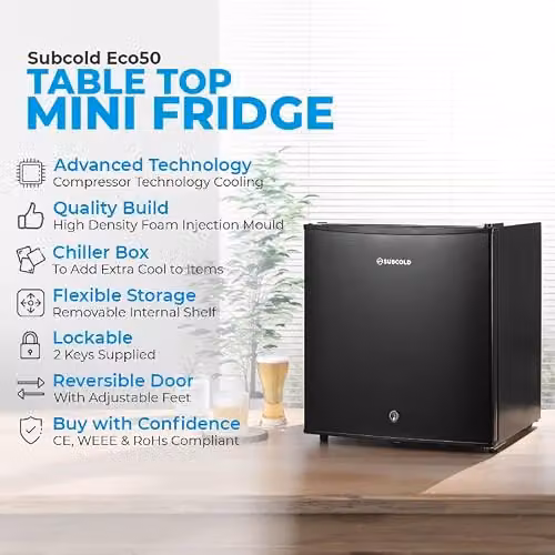 Subcold Eco50 Mini Fridge Black, 45L Countertop Compressor Model with Lockable Solid Door – 6