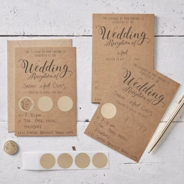 Kraft Scratch The Date Wedding Evening Invitations Scratch & Reveal in Light Brown and Gold Paper