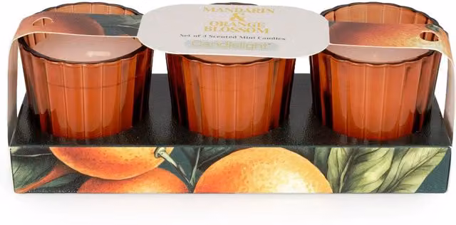 Candlelight Set of 3 Mandarin and Orange Blossom Scented Votive Candles in Orange and Multicolour Glass – 2