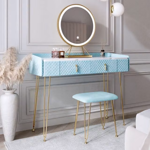 CARME Hollywood LED Mirror Dressing Table in Blue, Gold and White with Marble Top