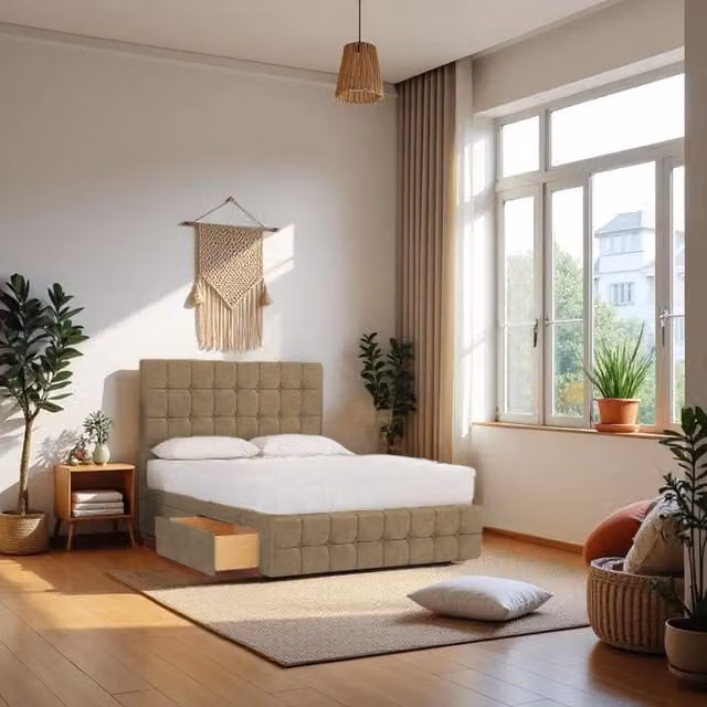 Knight Sleep Munic Plush King Size Bed Set with Hybrid Mattress, 2 Drawers and 24 inch Headboard in Chocolate Brown