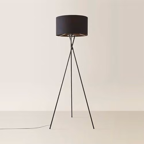 ValueLights Camden Black Metal Tripod Floor Lamp with Black Fabric Cylinder Shade – 1