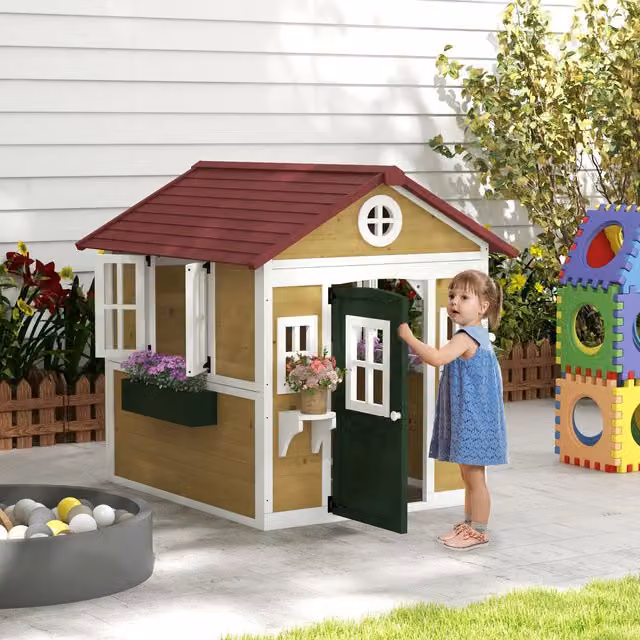Outsunny Wooden Playhouse for Kids in Beige and Yellow