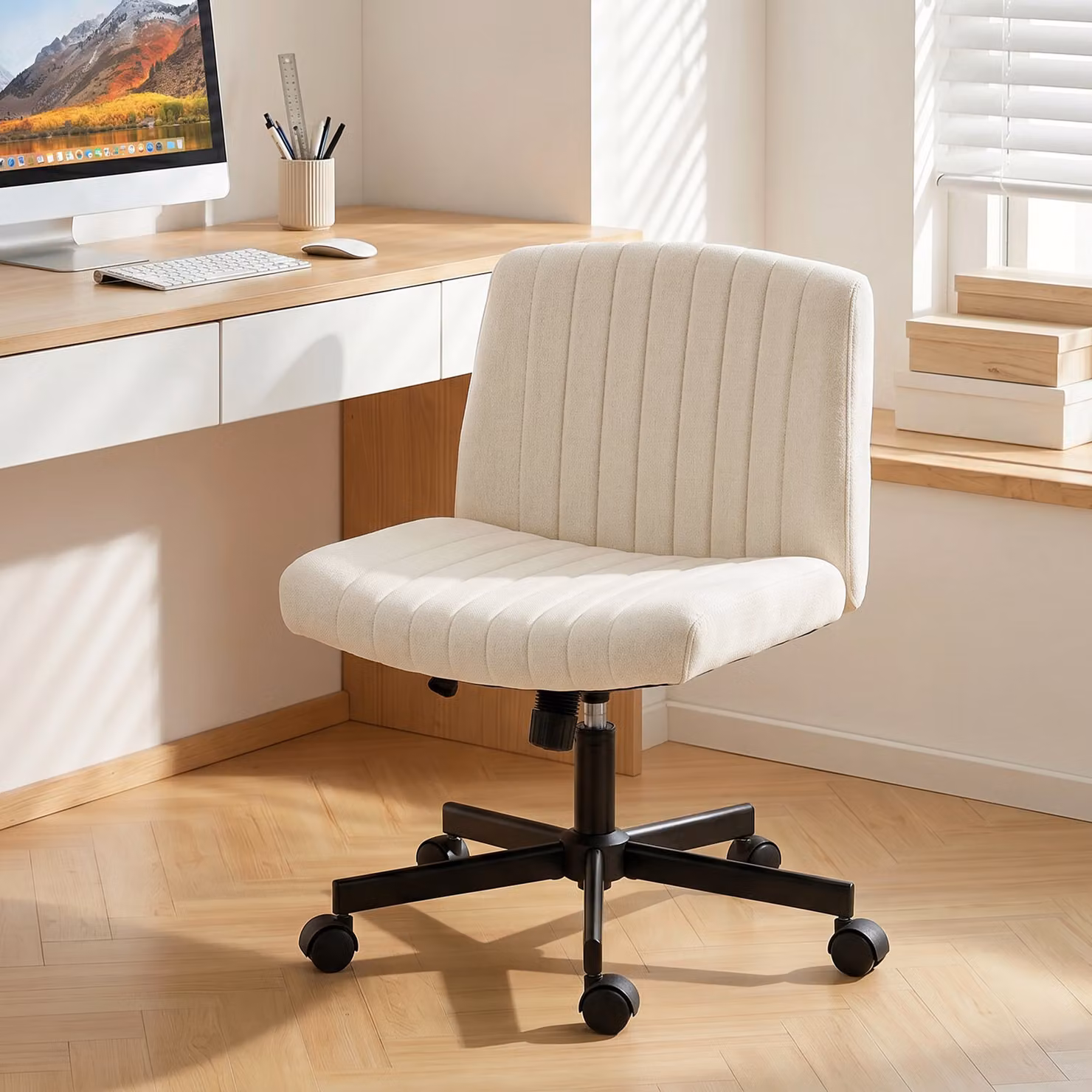 HOMCOM Green Imitation Linen Armless Task Chair with Castors and 360 Degree Swivel – 2