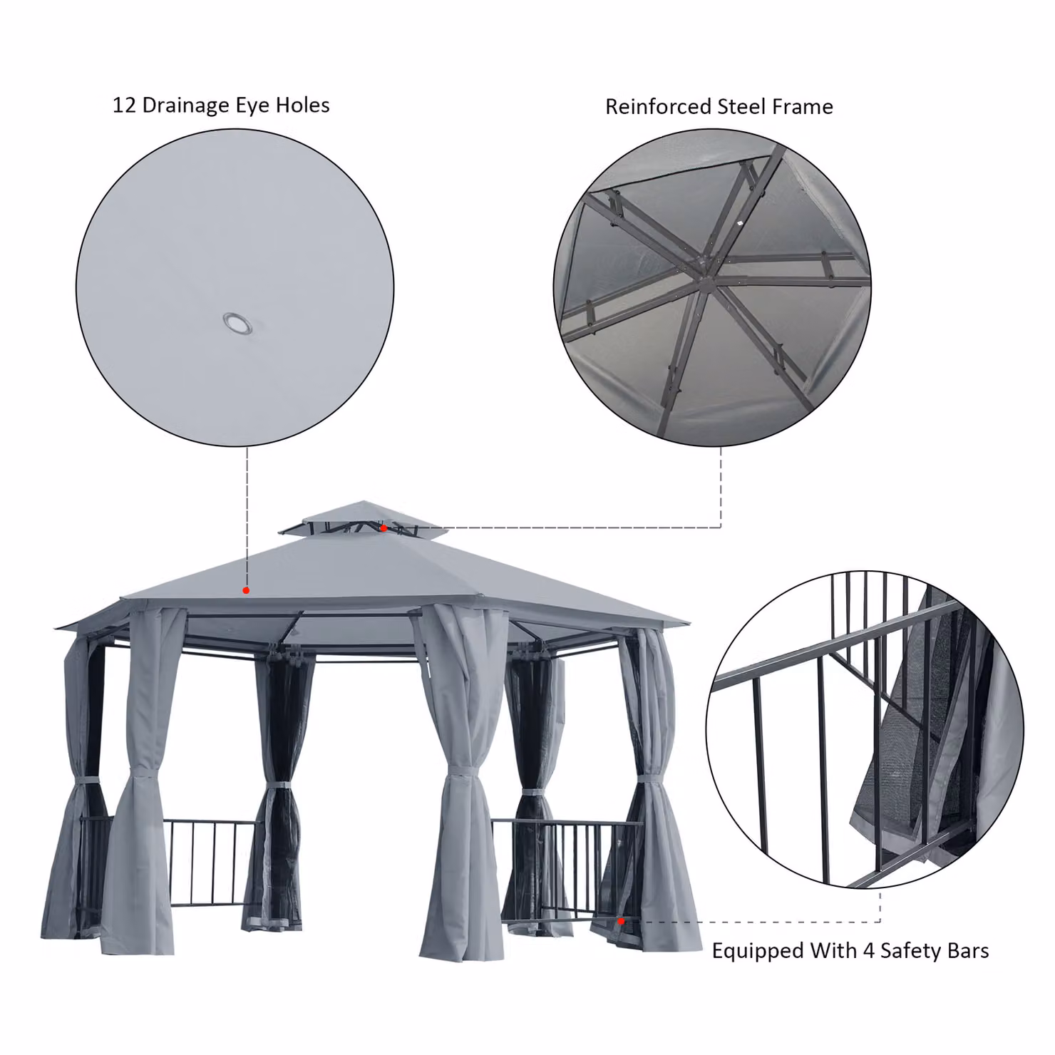Outsunny Hexagonal Garden Gazebo Party Tent with Double-Tier Roof and Netting Side Panels, Grey – 5