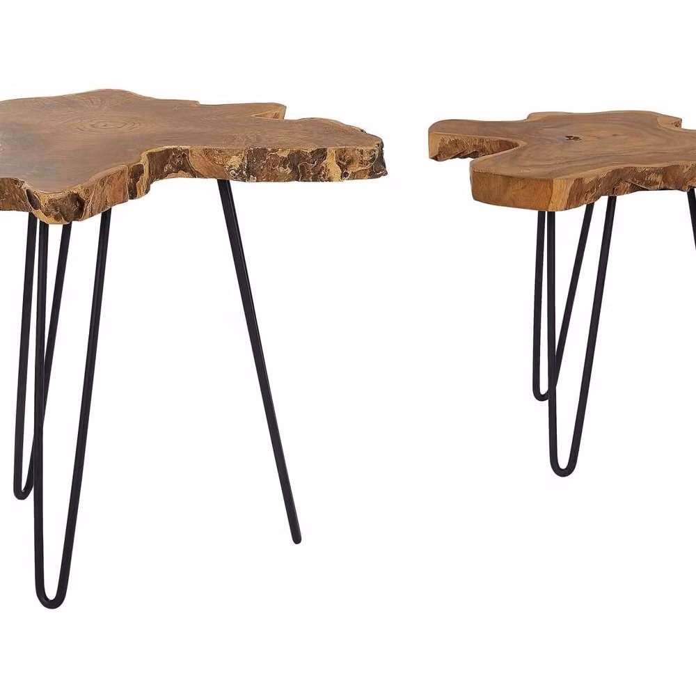 Wyld and Coco Nest of 2 Rustic Teak Tables with Black Hairpin Legs in Brown and Dark Teak – 2