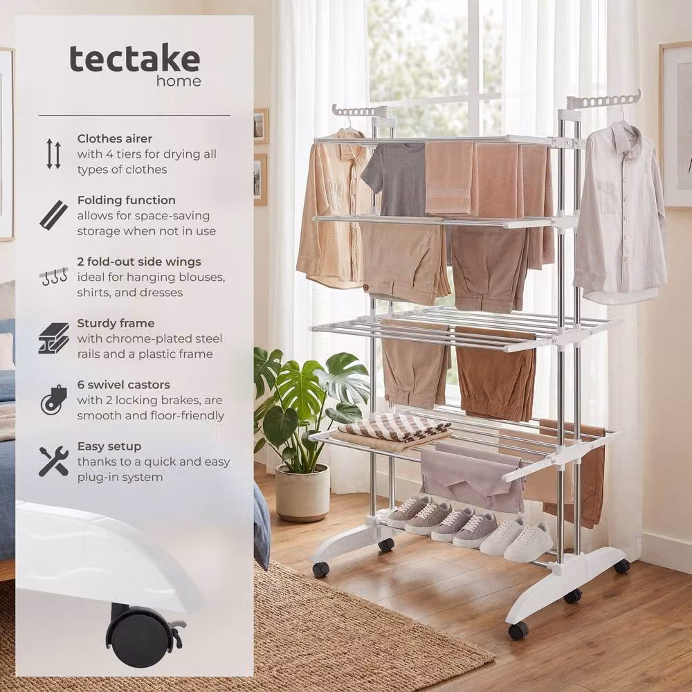 tectake Odelia Tower-Style Drying Rack with Wing Arms and Wheels in White and Multicolour – 2