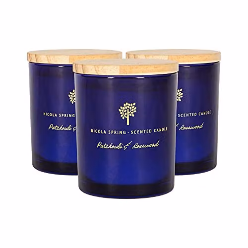Nicola Spring Patchouli and Rosewood Scented Soy Wax Candles, Blue, Pack of 3, 130g each