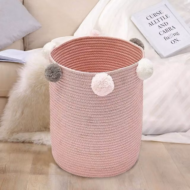 FORGEVIO Large Tall Woven Rope Laundry Hamper and Collapsible Fabric Storage Basket in Pink