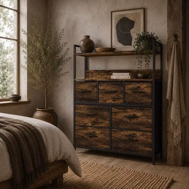 Wyld Haus Haco 7 Drawer Rustic Brown Fabric Chest with Black Steel Frame W/D/H: 79 x 29 x 101 cm – 1