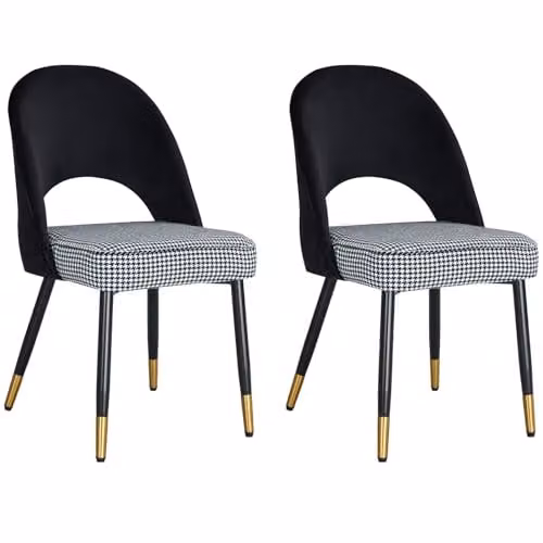 Hygrad Built to Survive Velvet Dining Chairs with Padded Seats, Set of 2, Black Checked