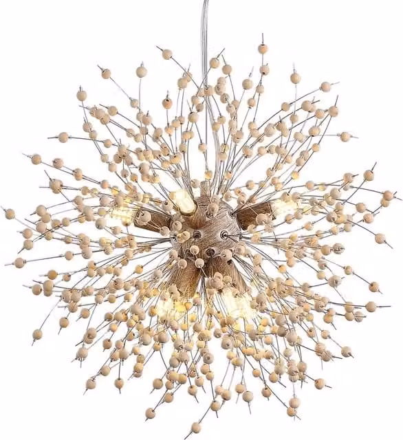 NIVOR 8-Light Dandelion Firework Chandelier with Wooden Beads in Natural Beige