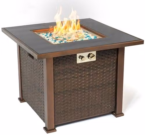 MDA Designs Ostara Stylish Wicker Gas Fire Pit Table with Glass Toptop in Blue, Sand or Brown, W/D/H: 80 x 80 x 62 cm – 1
