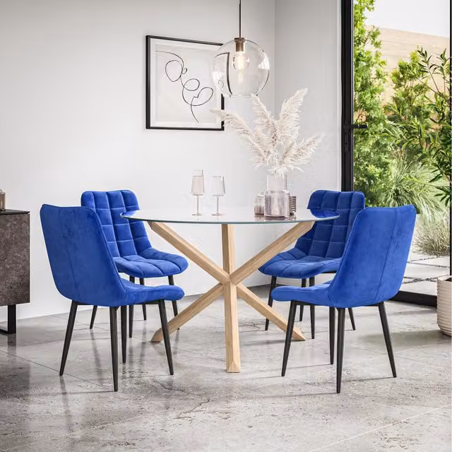 More4Homes Malvern Round Glass Dining Table Set with Oak Legs and 4 Blue Nova Velvet Chairs, Diameter: 120 cm, Height: 75 cm
