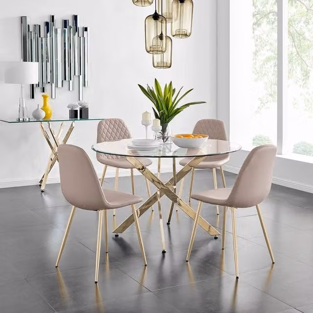 FurnitureboxUK Novara Gold Round Glass Dining Table and 4 Corona Gold Chairs Set in Cappuccino, Diameter: 120 cm
