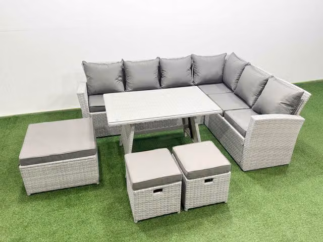 Fimous 9 Seater Rattan Garden Furniture Set with Dining Table in Light Grey