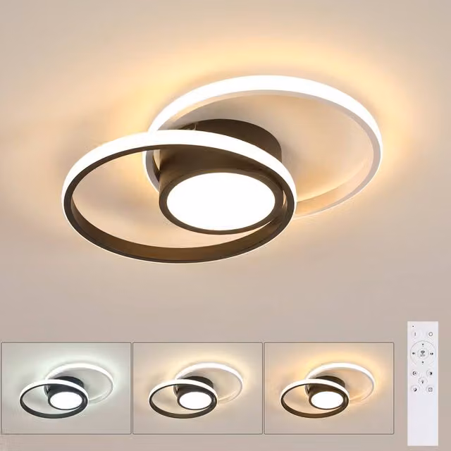 Pheashine Double-Ring LED Ceiling Light in Black, Dimmable with Remote Control, Diameter: 40 cm