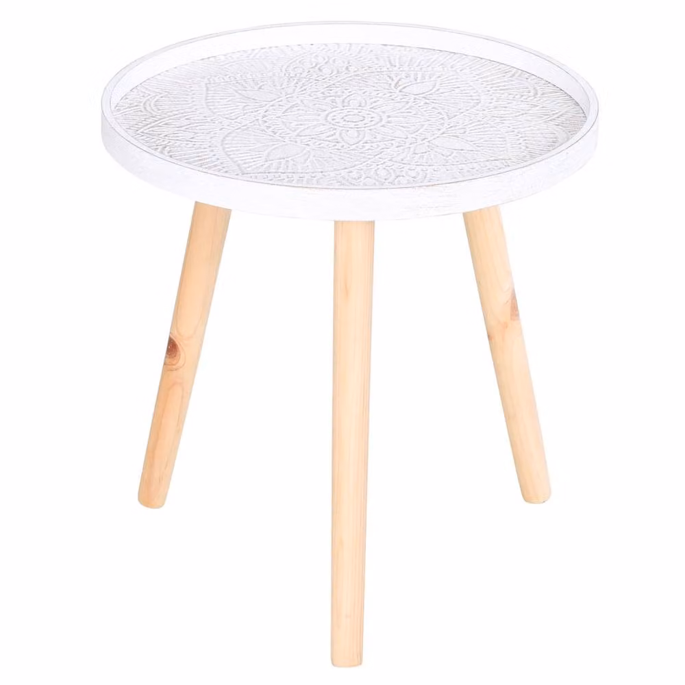 Wyld Haus Nona White Round Wood Side Table with Carved Floral Tray Top, W/D/H: 40.5 x 40 x 40 cm – 2