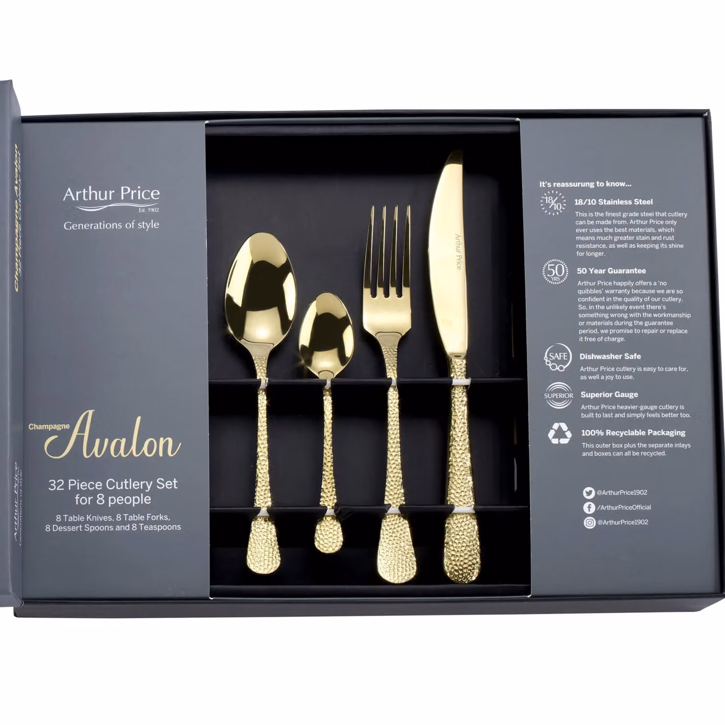 Arthur Price Champagne Avalon Gold Coated Stainless Steel 32 Piece 8 Person Cutlery Set – 2