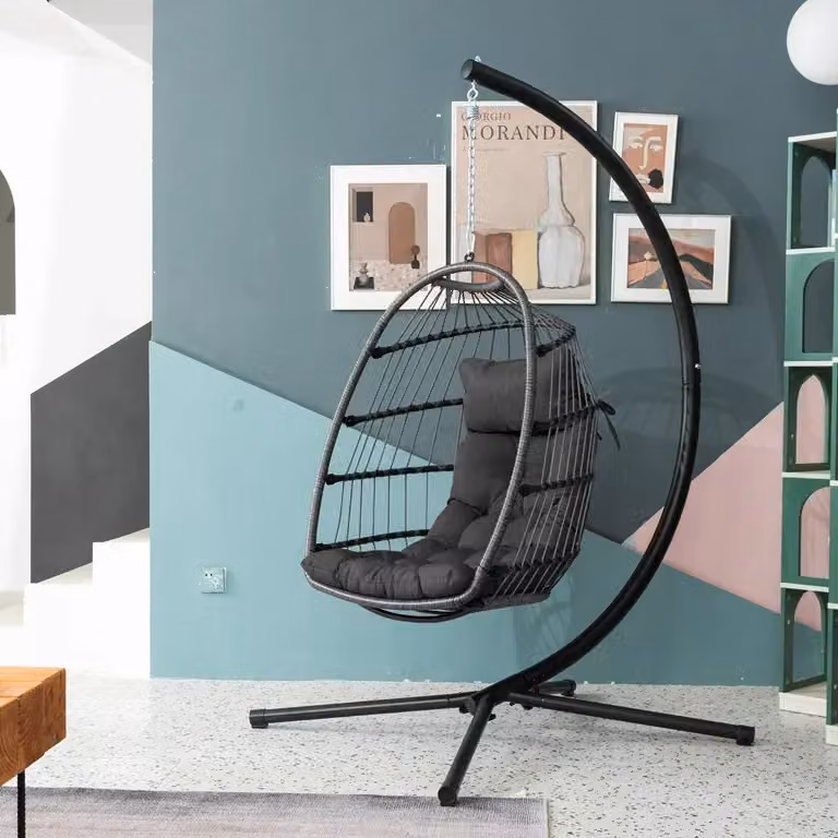 FURNITURE ONE Grey Rattan Hanging Egg Chair with Cushion – 3