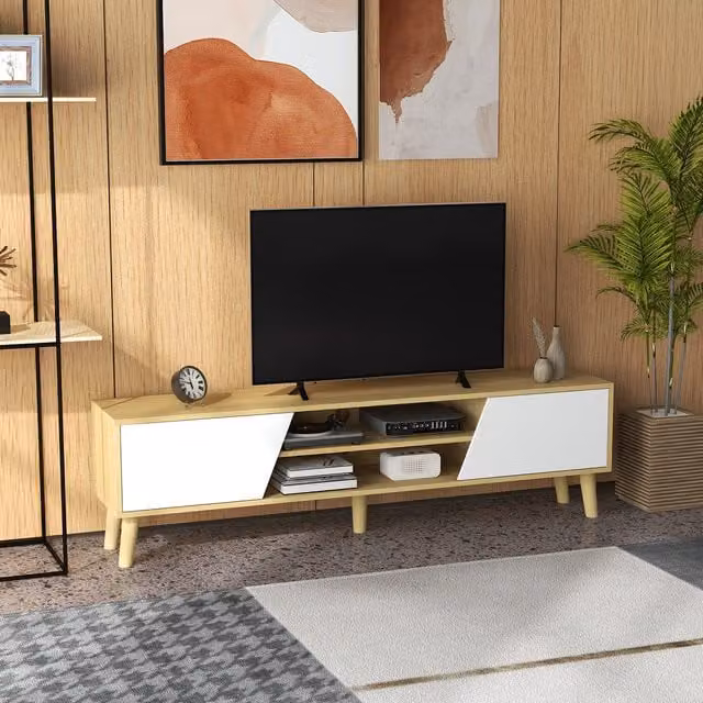 HOMCOM Scandinavian Style TV Unit Cabinet for TVs up to 65 inch with Storage Shelves in Oak and White