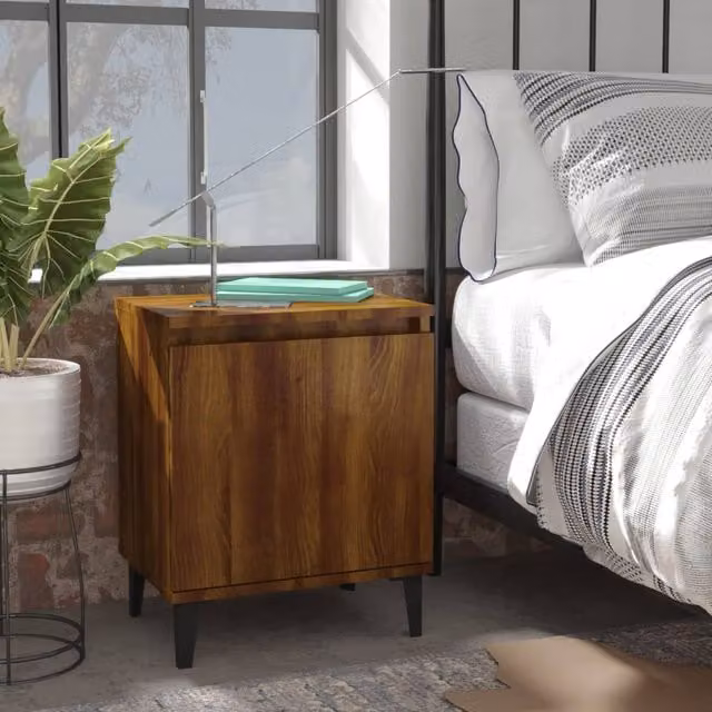 Berkfield Home Bed Cabinet in Brown Oak with Metal Legs, W: 40 cm, D: 30 cm, H: 50 cm – 1
