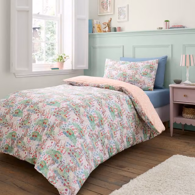 Belle & Boo Meadow Bunnies Reversible Cotton Junior Duvet Cover Set and Pillowcase, Blue and Multicolour