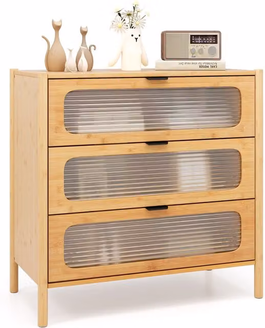 Costway Mid Century Modern 3-Drawer Dresser in Natural Brown with Soft Close Bamboo and Wood Construction