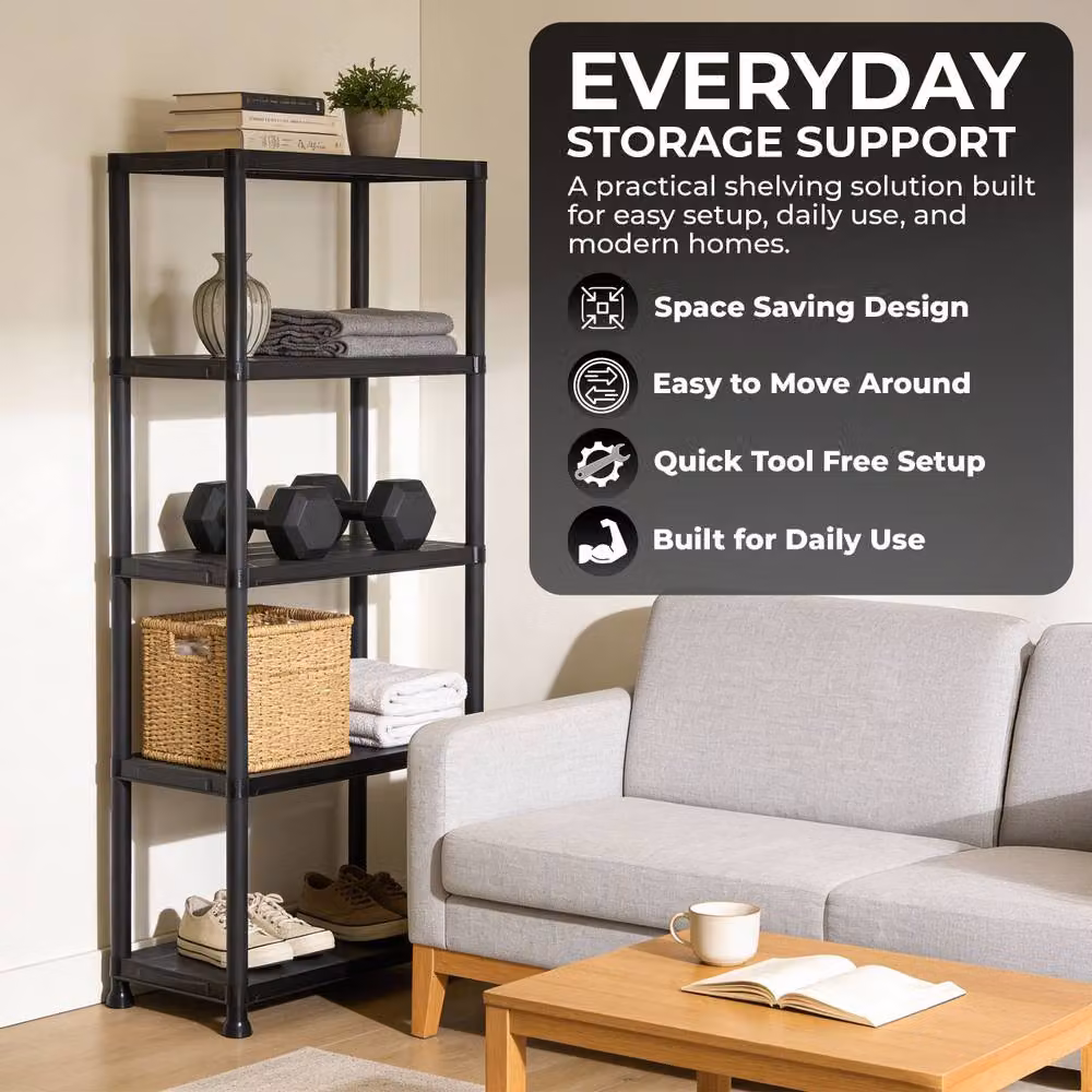 Crystals 5 Tier Plastic Freestanding Storage Unit and Garage Organiser Rack in Black, W: 60 cm, H: 173 cm, D: 40 cm – 3