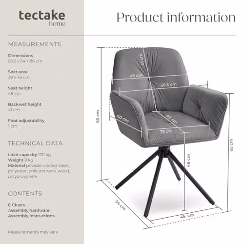 tectake Set of 6 Lenia Swivel Dining Chairs in Anthracite and Black Velvet-Look Fabric – 3