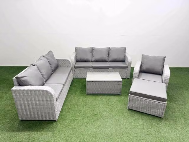 Fimous 8 Seater Poly Rattan Outdoor Garden Furniture Set in Light Grey with 3 Seater Sofa, Reclining Chairs, Ottoman and Coffee Table