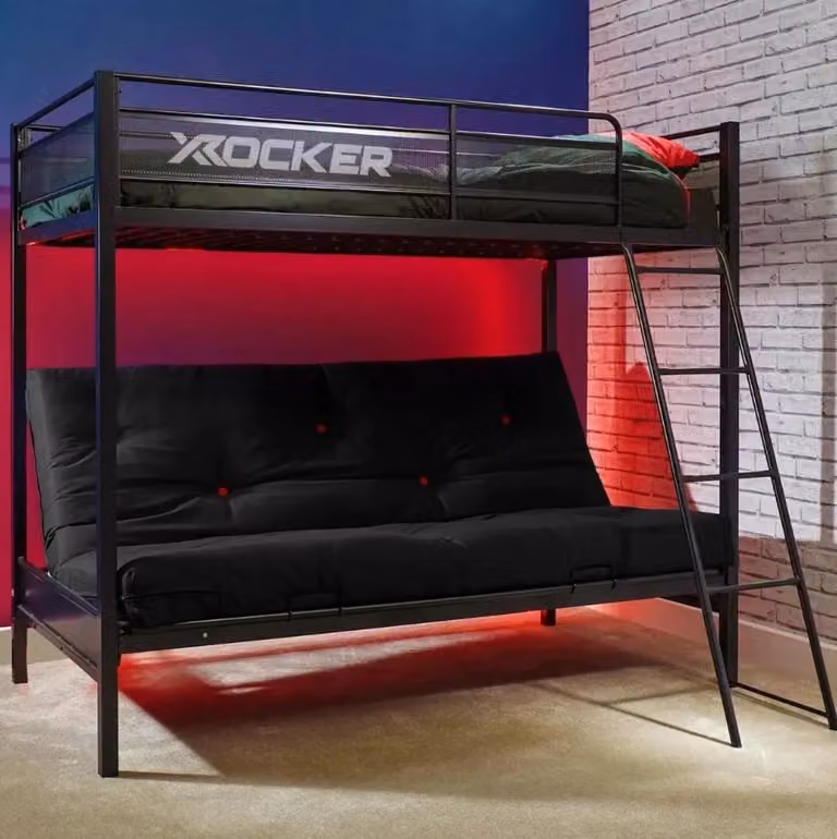 Stronghold Gaming Bunk Bed Frame with Double Futon Cushion in Black, W/D/H: 198 x 90 x 167 cm
