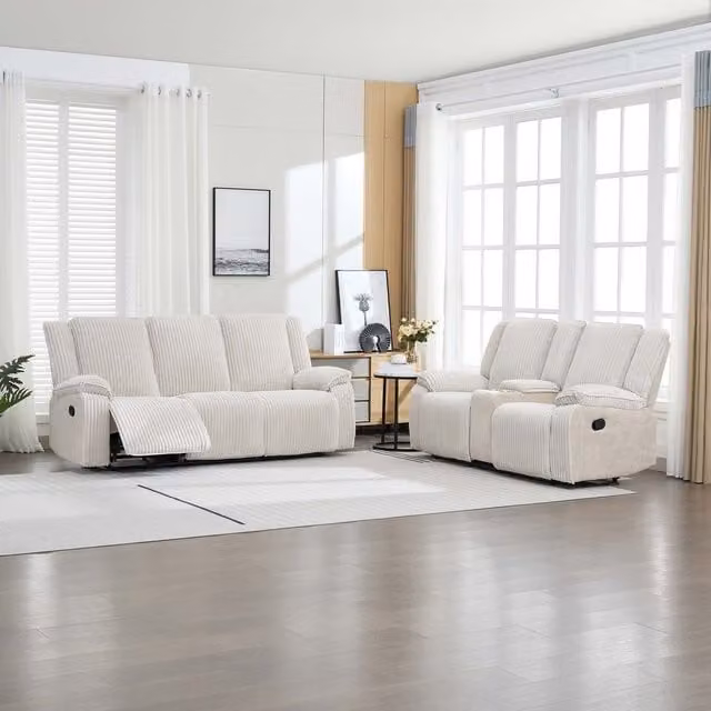 More4Homes Verona 3 and 2 Seater Jumbo Cord Manual Recliner Sofa Set in Beige